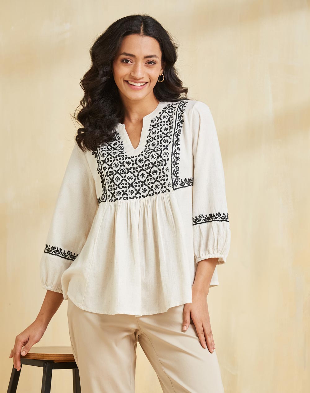 Cotton Linen Chikankari Top - Modern Furniture & Furnishings