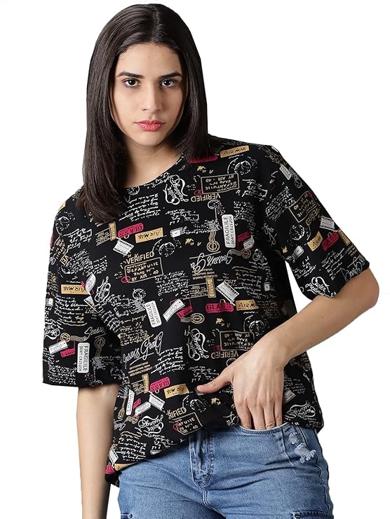 Cotton Round Neck All Over Printed T-Shirt for Women - Modern Furniture & Furnishings