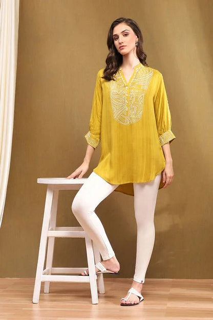 Embroidered V - Neck Mirror Work Kurti - Modern Furniture & Furnishings