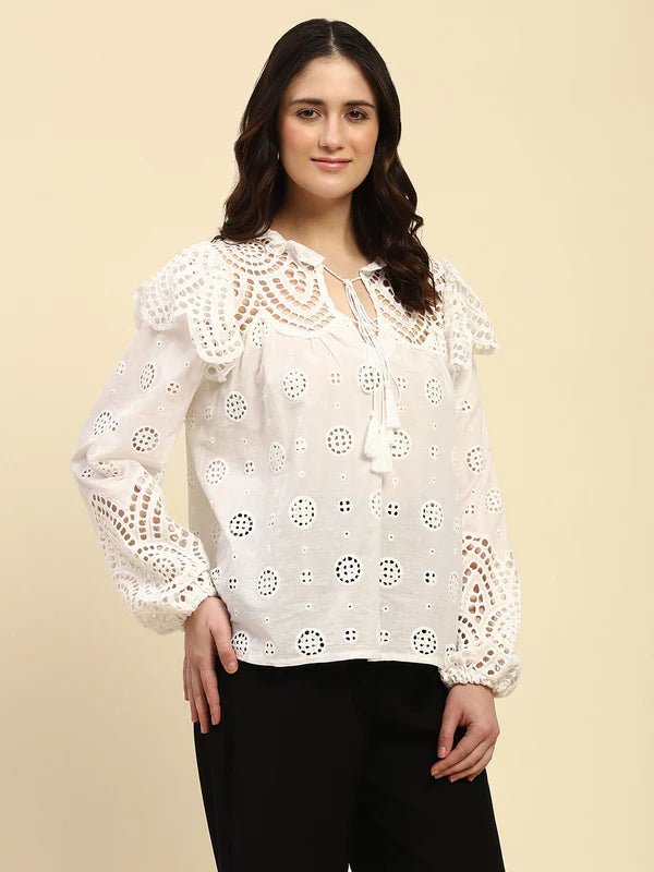 Embroidery Cotton Loose Fit Blouson Top - Modern Furniture & Furnishings