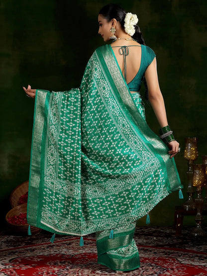 Green Printed Silk Blend Saree - Modern Furniture & Furnishings